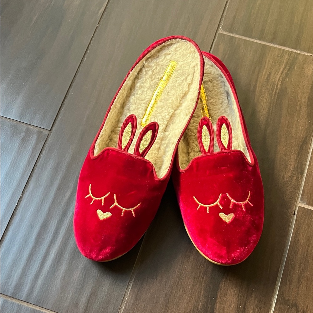 Red Bunny Slippers with Embroidered Design